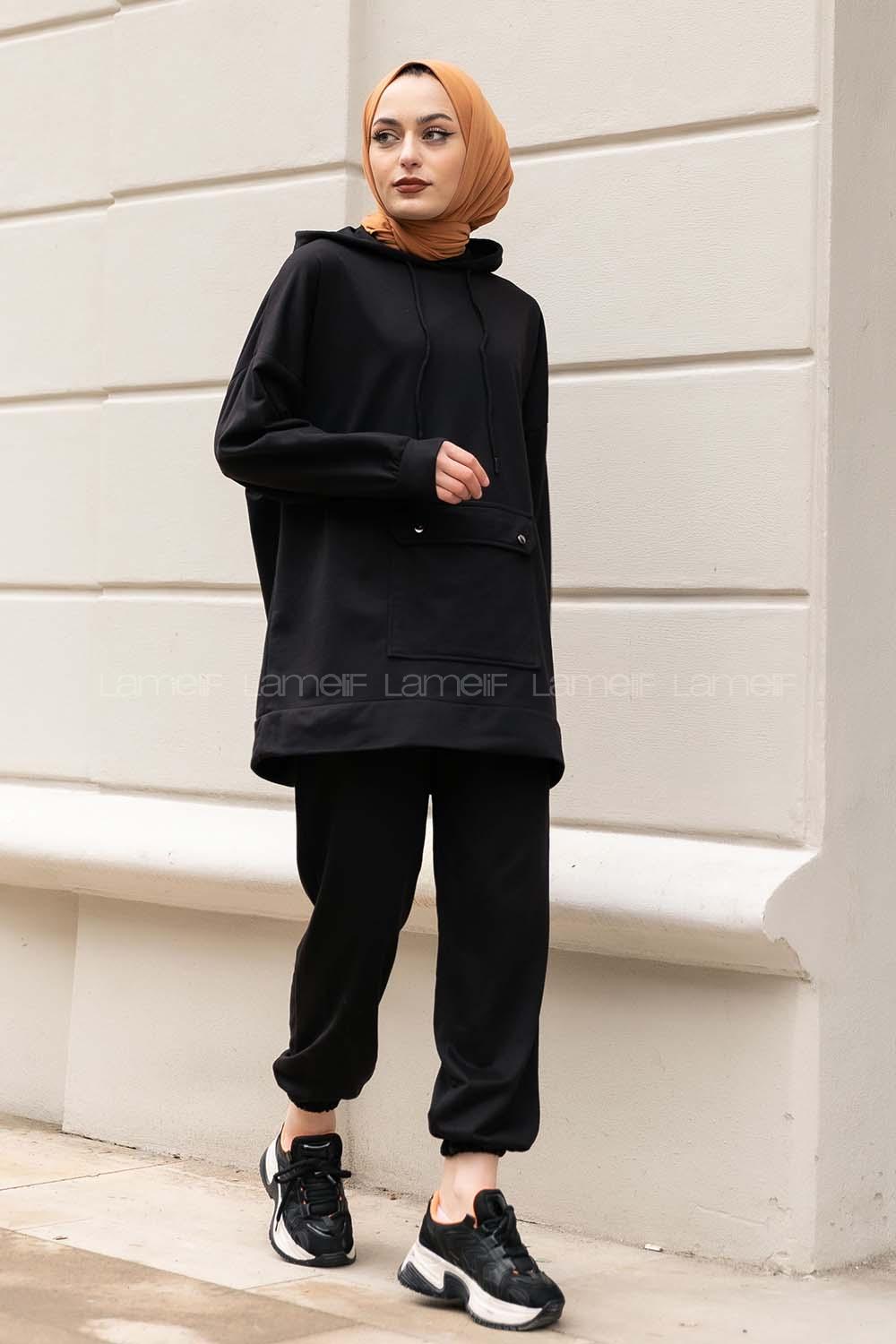 Modalamelif Cep Çıtçıtlı Kapüşonlu Takım Siyah