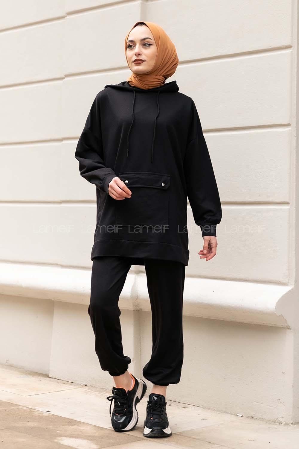 Modalamelif Cep Çıtçıtlı Kapüşonlu Takım Siyah