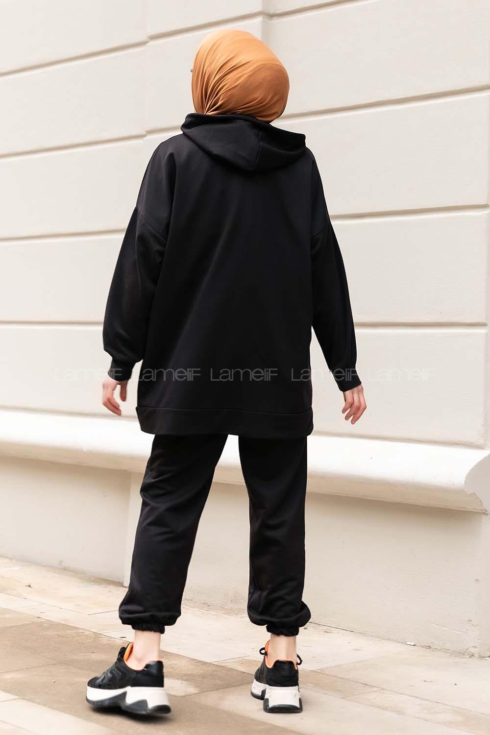 Modalamelif Cep Çıtçıtlı Kapüşonlu Takım Siyah