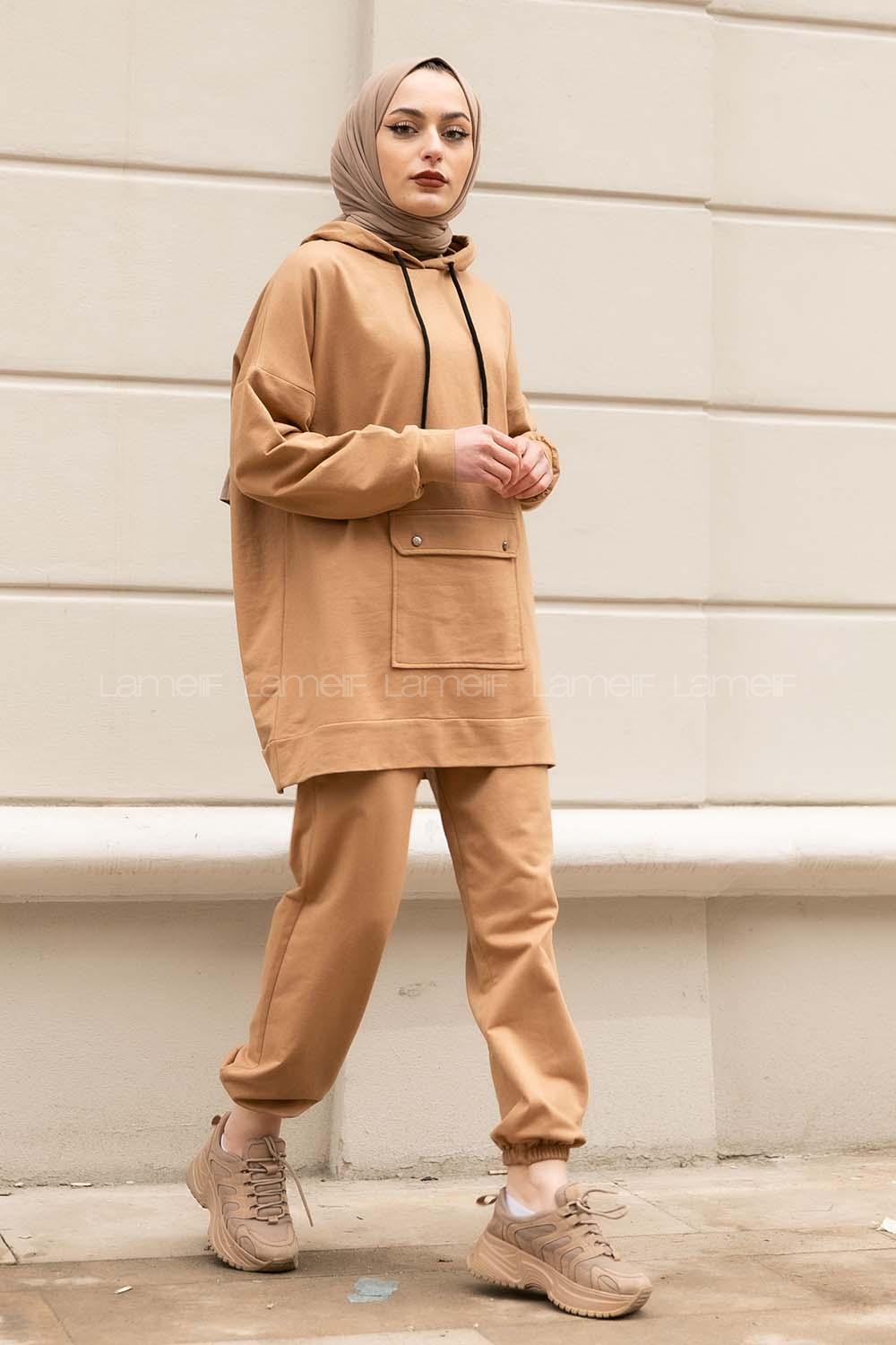 Modalamelif Cep Çıtçıtlı Kapüşonlu Takım Sütlükahve