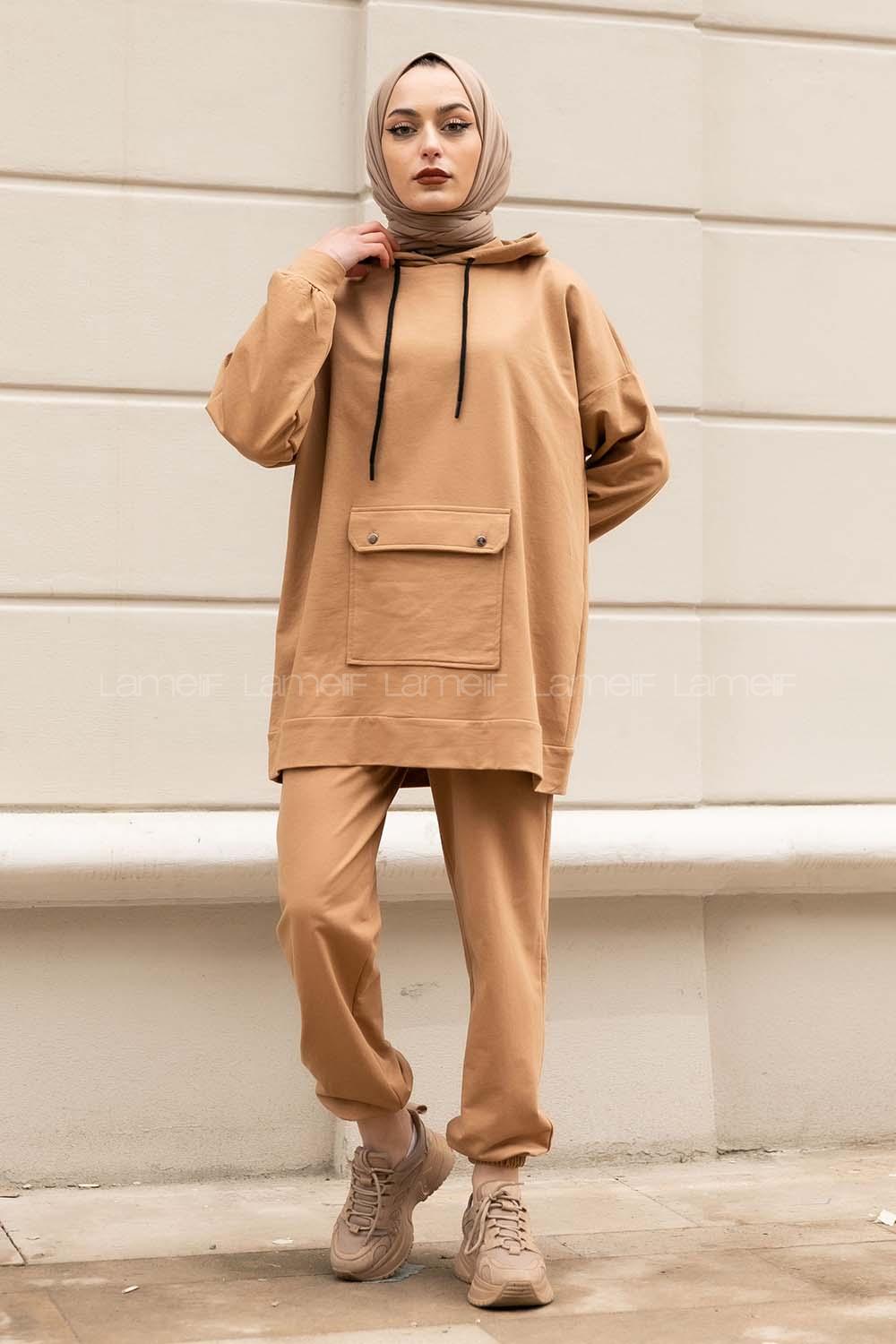 Modalamelif Cep Çıtçıtlı Kapüşonlu Takım Sütlükahve