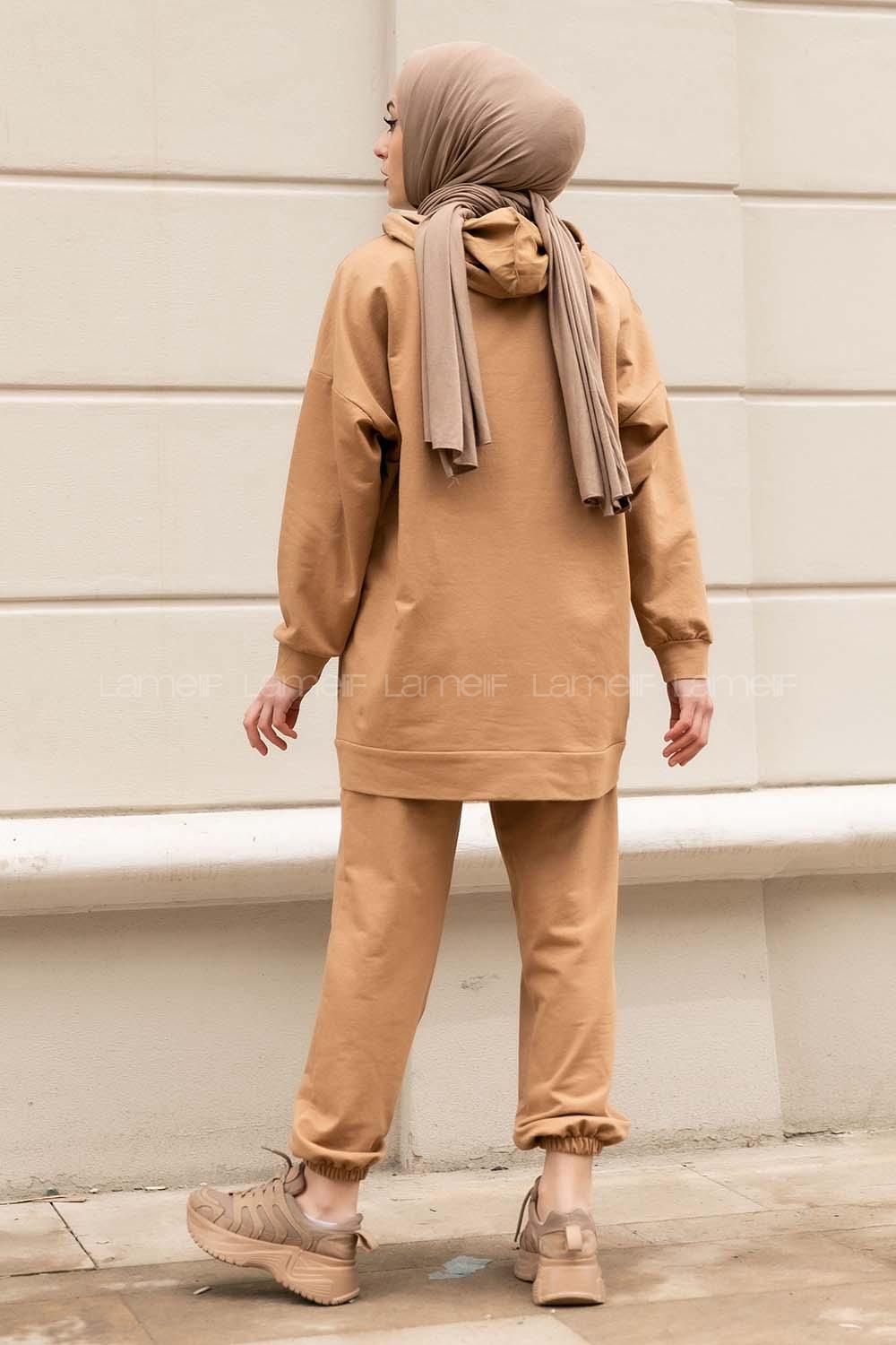 Modalamelif Cep Çıtçıtlı Kapüşonlu Takım Sütlükahve