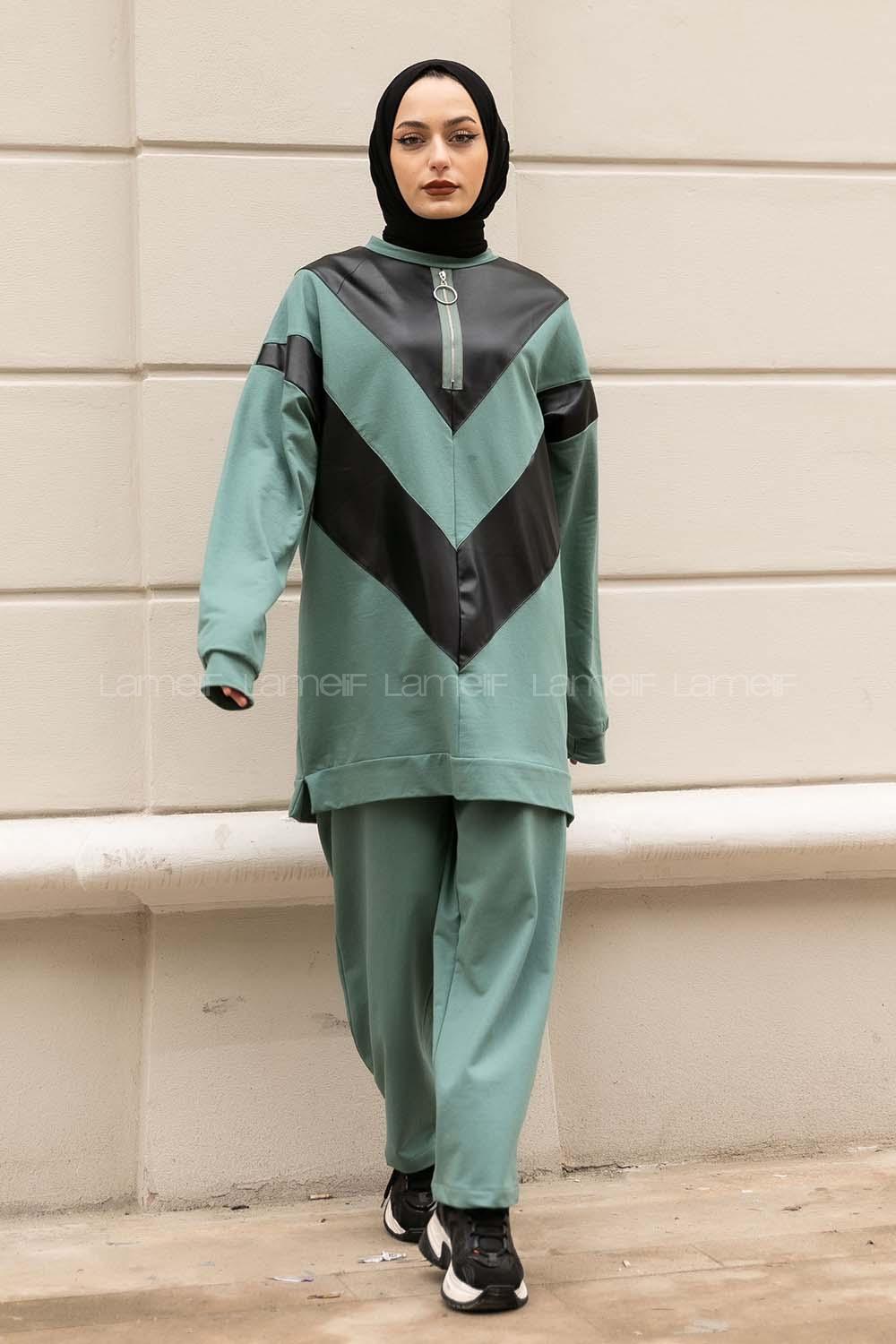 Modalamelif Yarım Fermuarlı Deri Garnili İkili Takım Çağla Yeşili