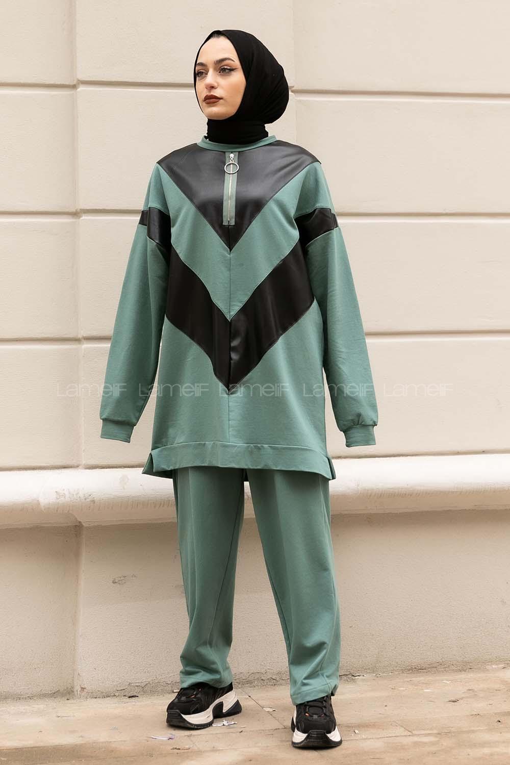 Modalamelif Yarım Fermuarlı Deri Garnili İkili Takım Çağla Yeşili