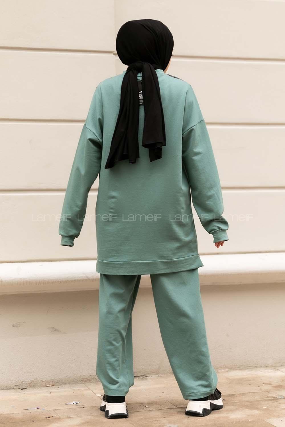 Modalamelif Yarım Fermuarlı Deri Garnili İkili Takım Çağla Yeşili