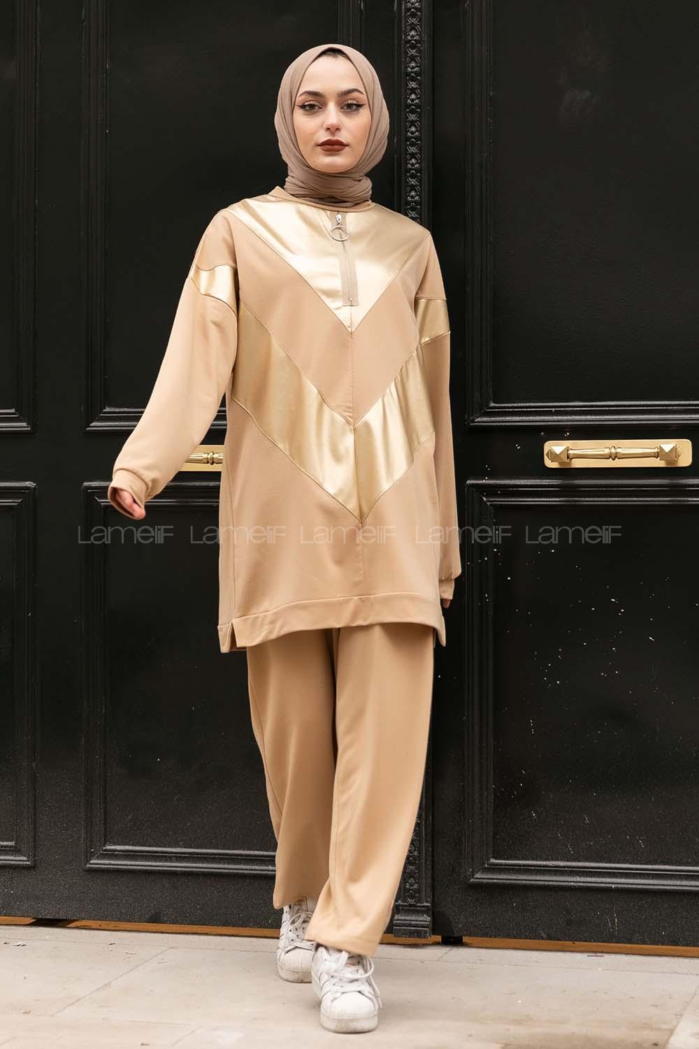 Modalamelif Yarım Fermuarlı Deri Garnili İkili Takım Sütlükahve