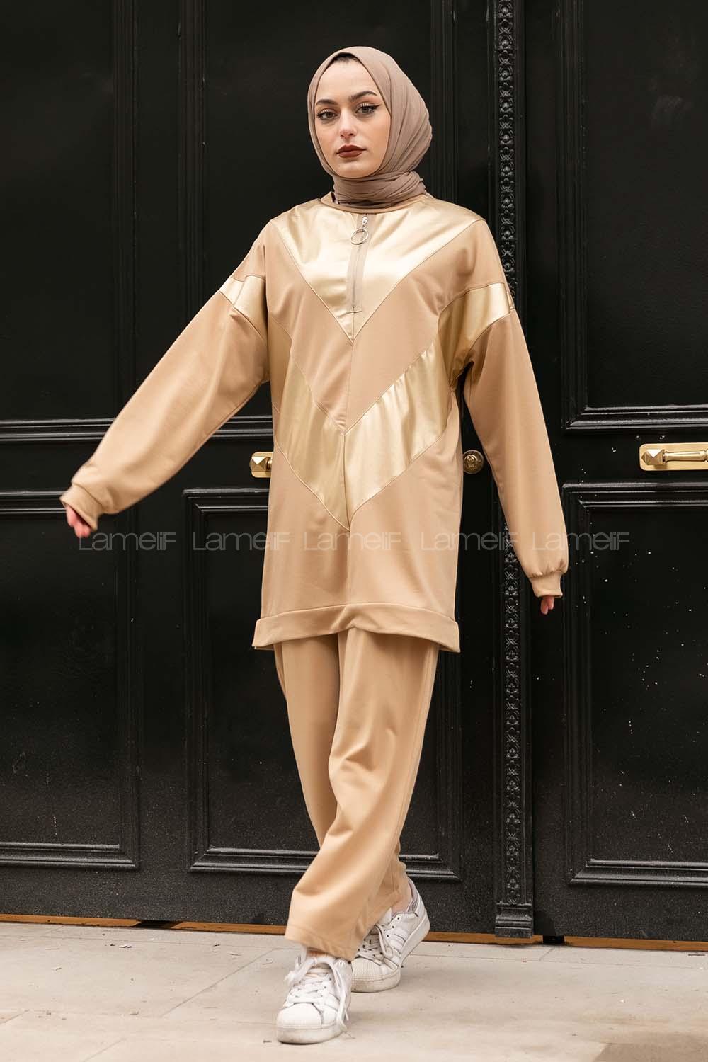 Modalamelif Yarım Fermuarlı Deri Garnili İkili Takım Sütlükahve