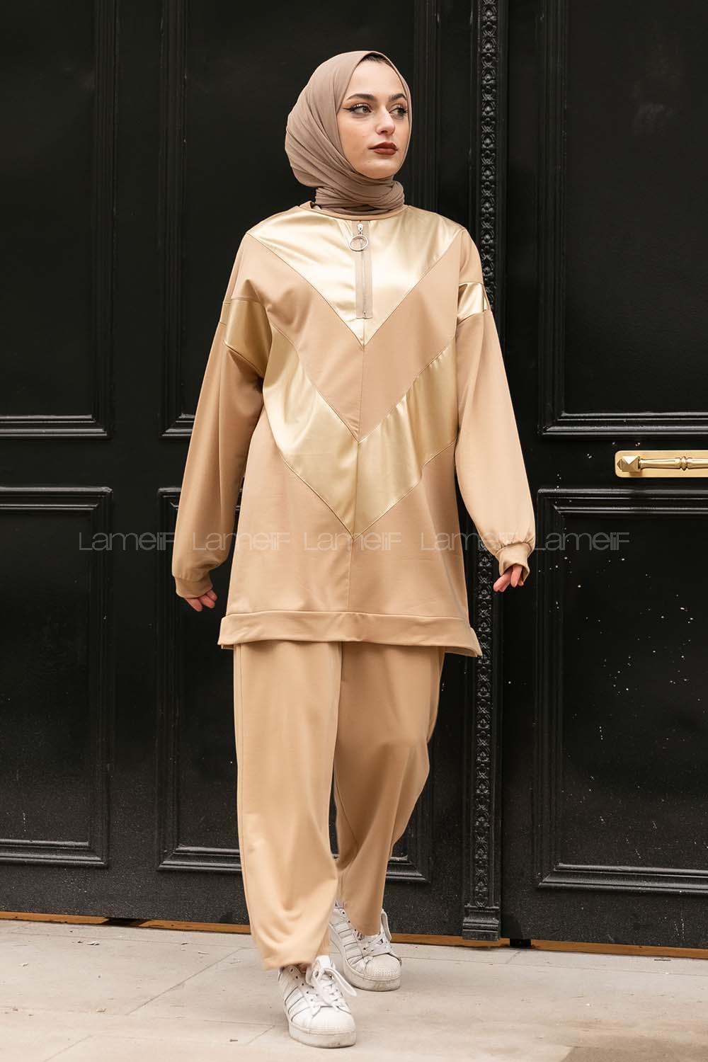 Modalamelif Yarım Fermuarlı Deri Garnili İkili Takım Sütlükahve