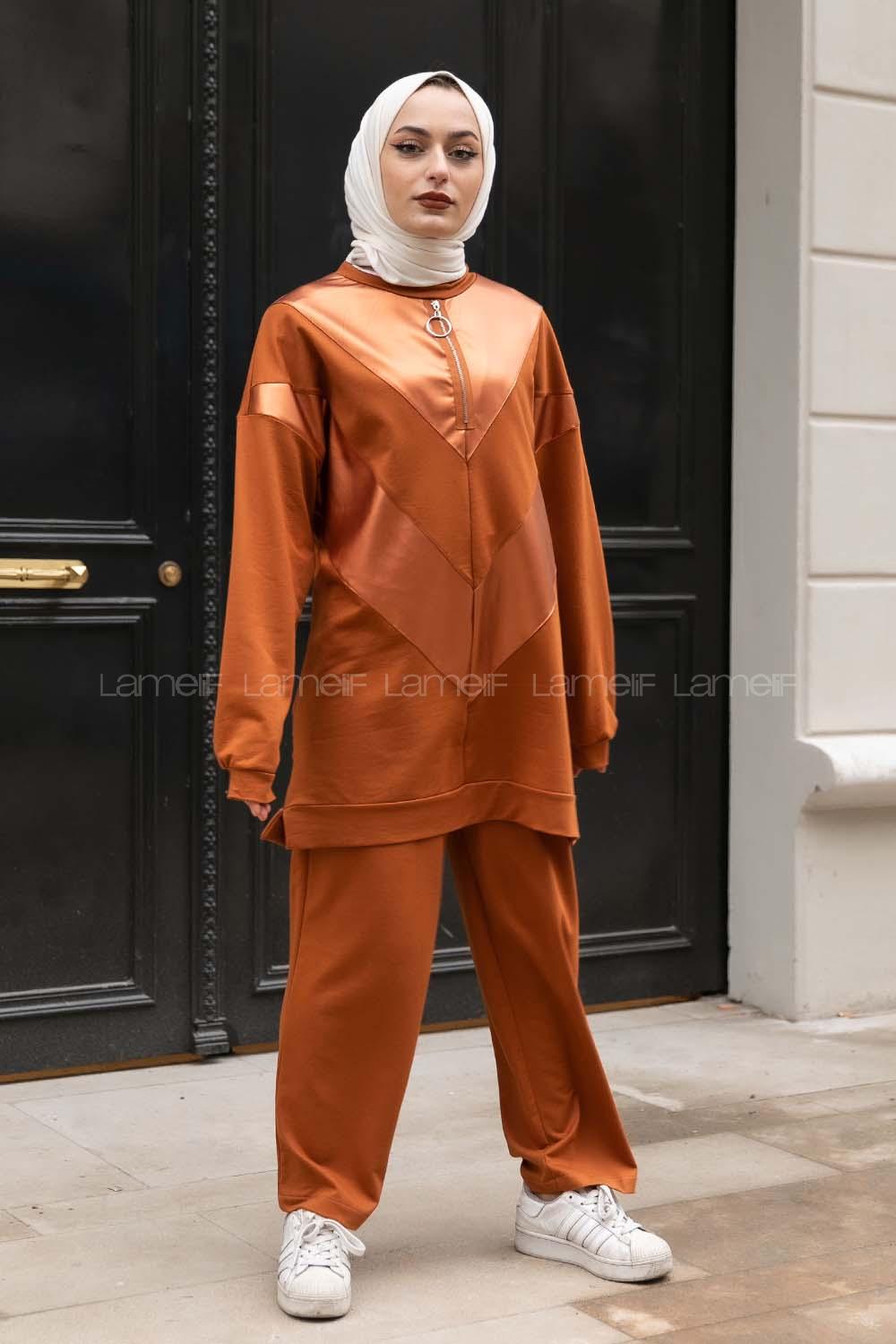 Modalamelif Yarım Fermuarlı Deri Garnili İkili Takım Taba