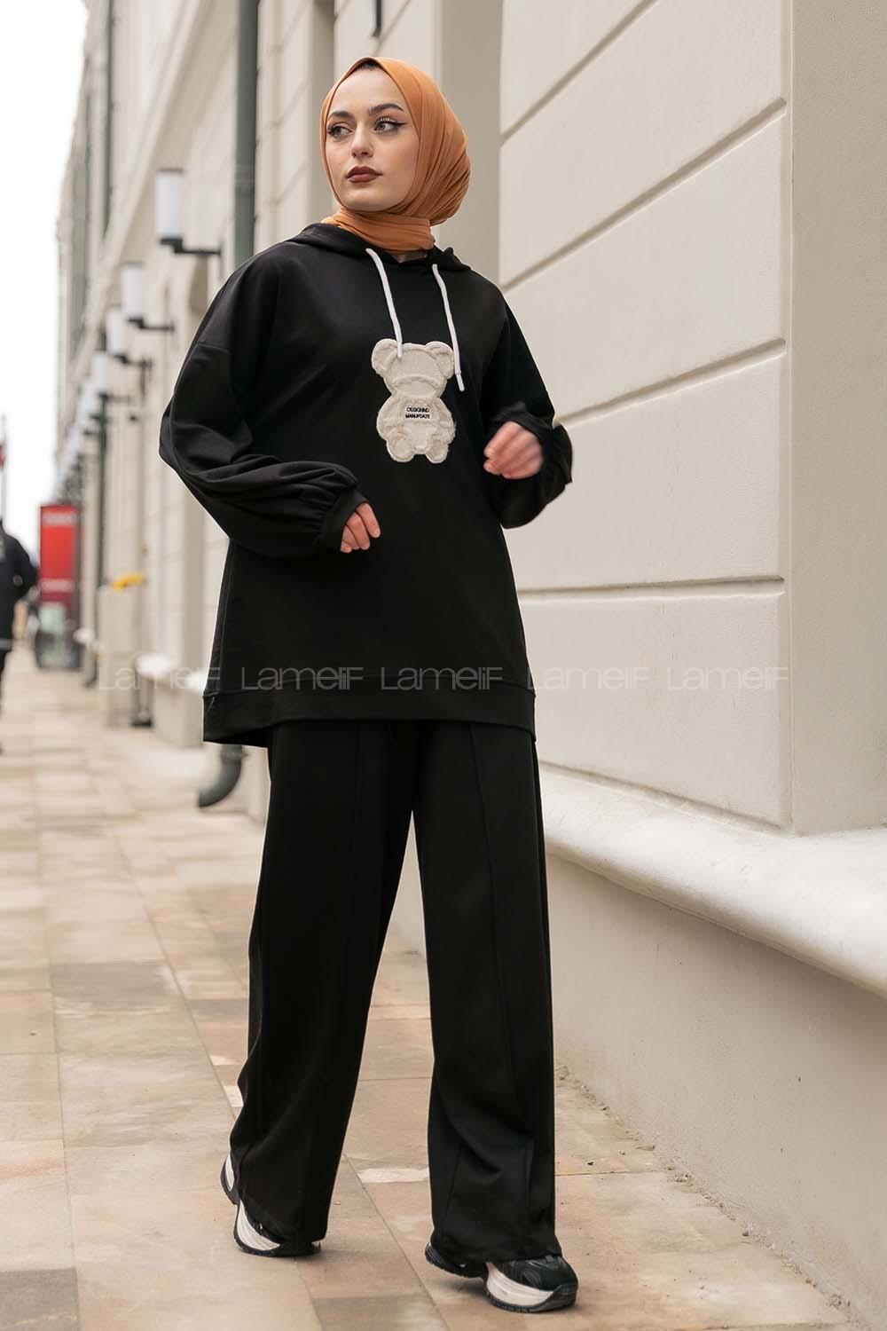 Modalamelif Bear İşlemeli Salaş Kapüşonlu Takım Siyah