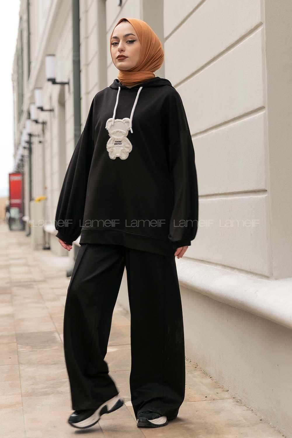 Modalamelif Bear İşlemeli Salaş Kapüşonlu Takım Siyah