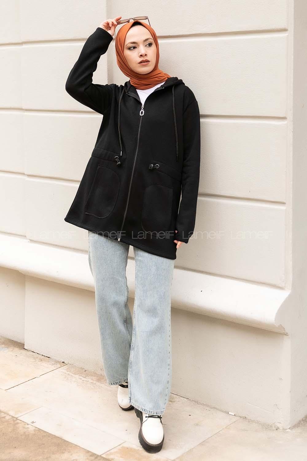 Modalamelif Beli Lastikli Kapüşonlu Hırka Siyah