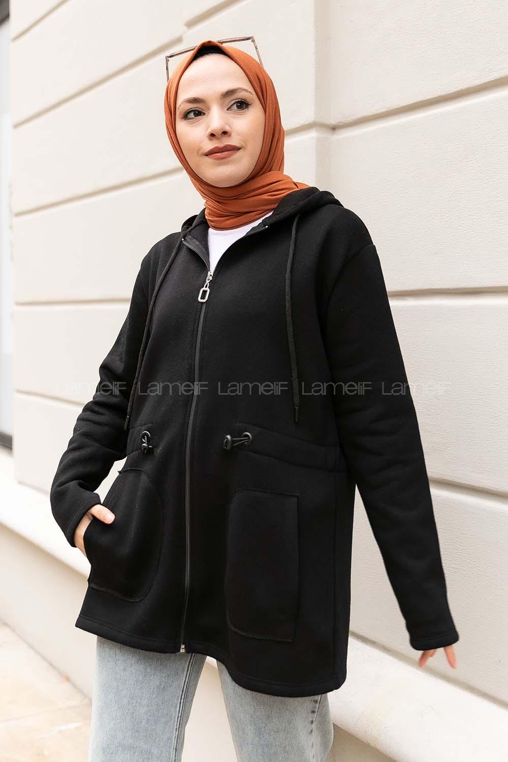 Modalamelif Beli Lastikli Kapüşonlu Hırka Siyah