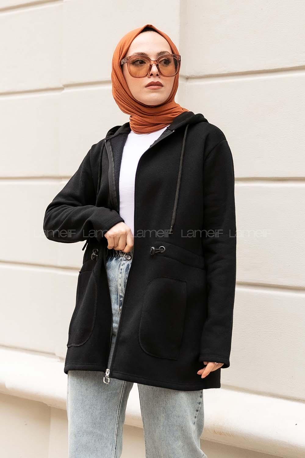 Modalamelif Beli Lastikli Kapüşonlu Hırka Siyah