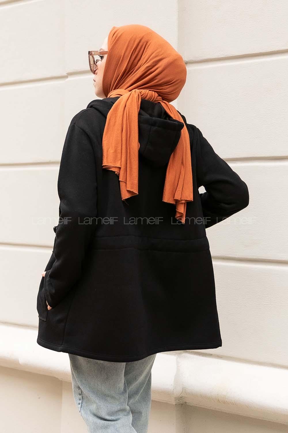 Modalamelif Beli Lastikli Kapüşonlu Hırka Siyah