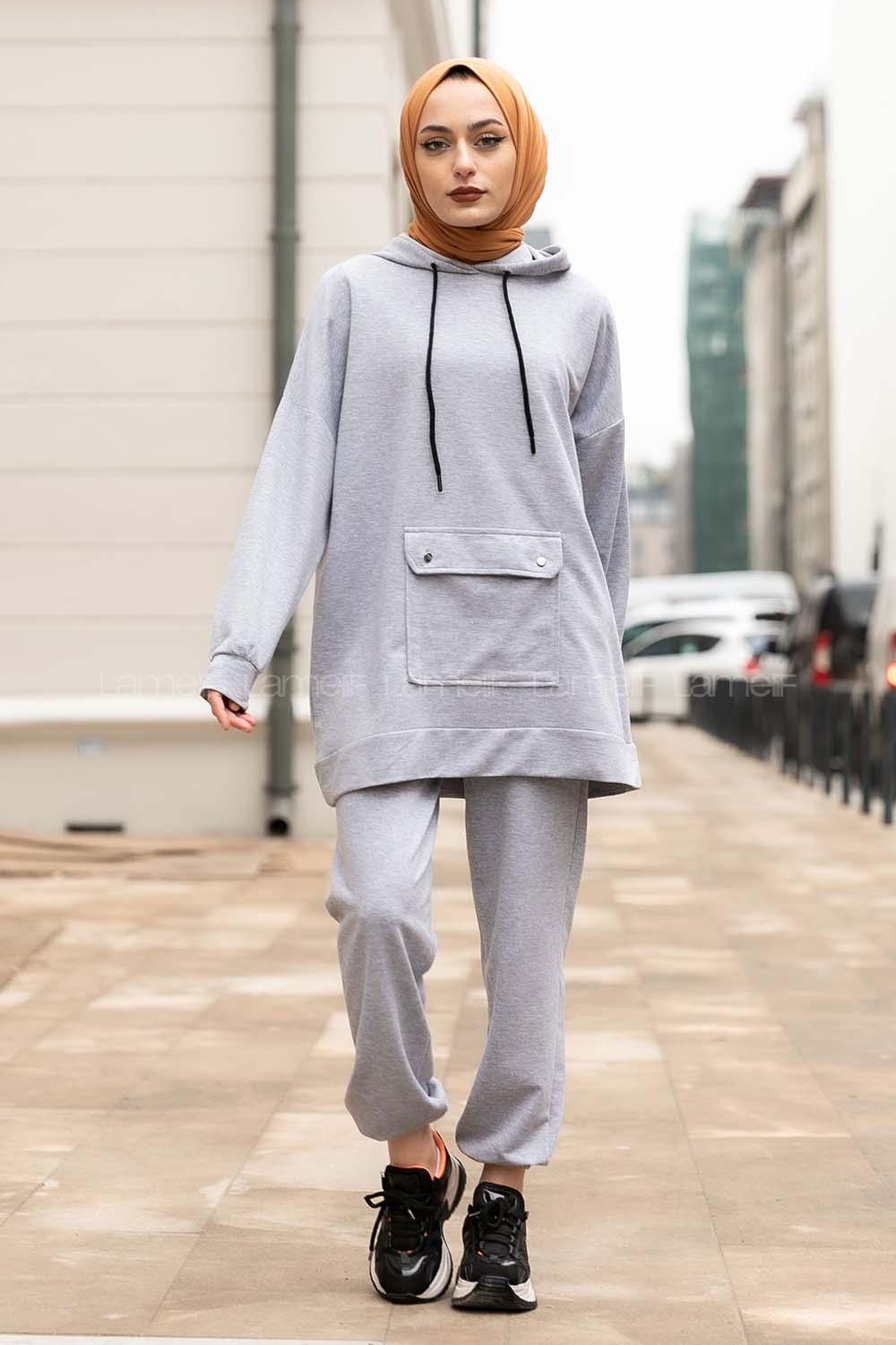 Modalamelif Cep Çıtçıtlı Kapüşonlu Takım Gri