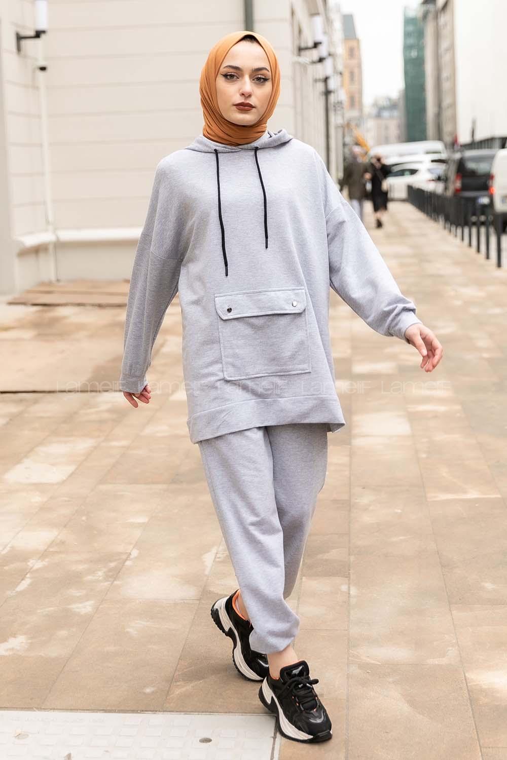 Modalamelif Cep Çıtçıtlı Kapüşonlu Takım Gri