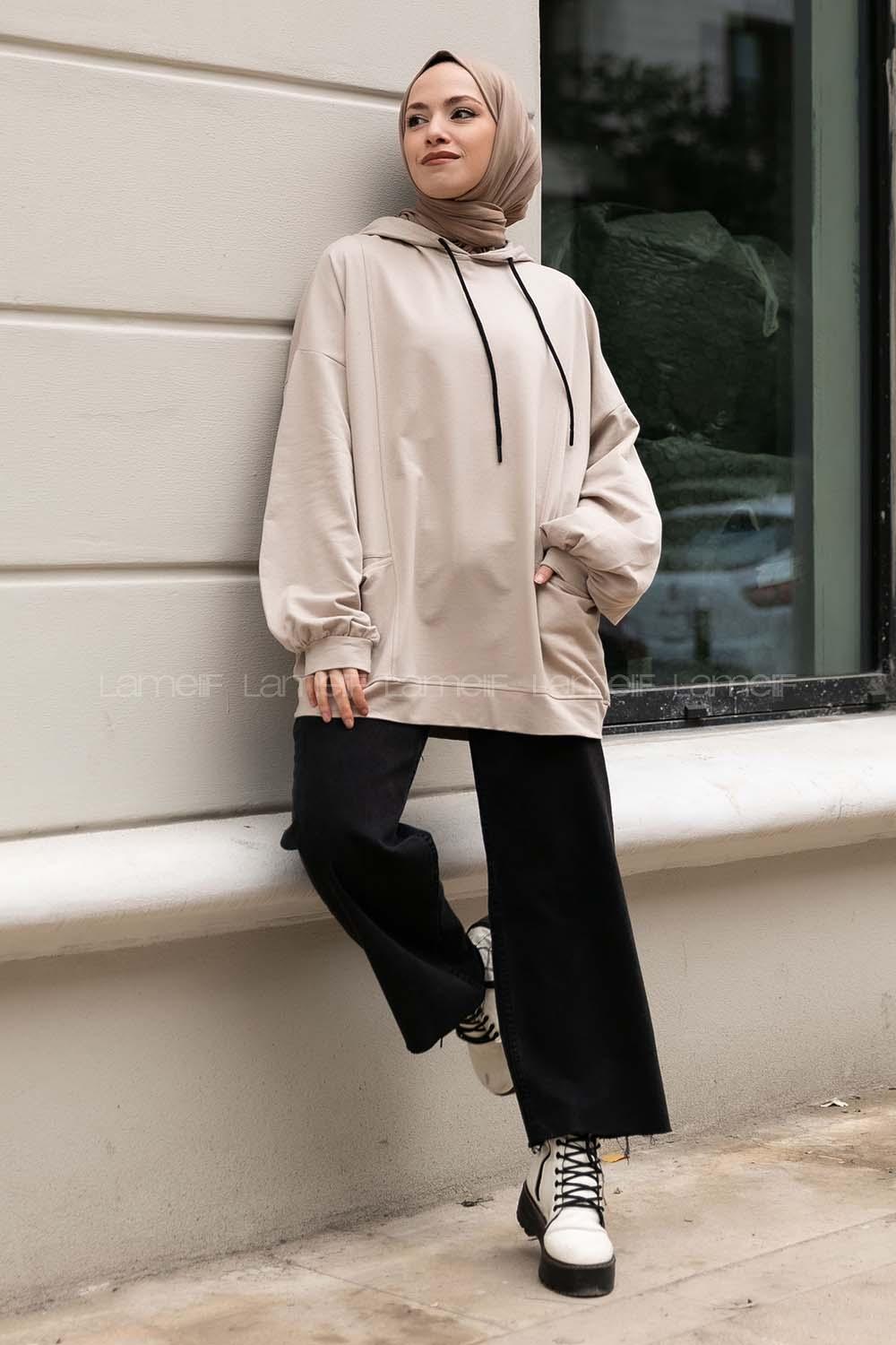 Modalamelif Kapüşonlu Salaş Çift Cepli Sweat Bej