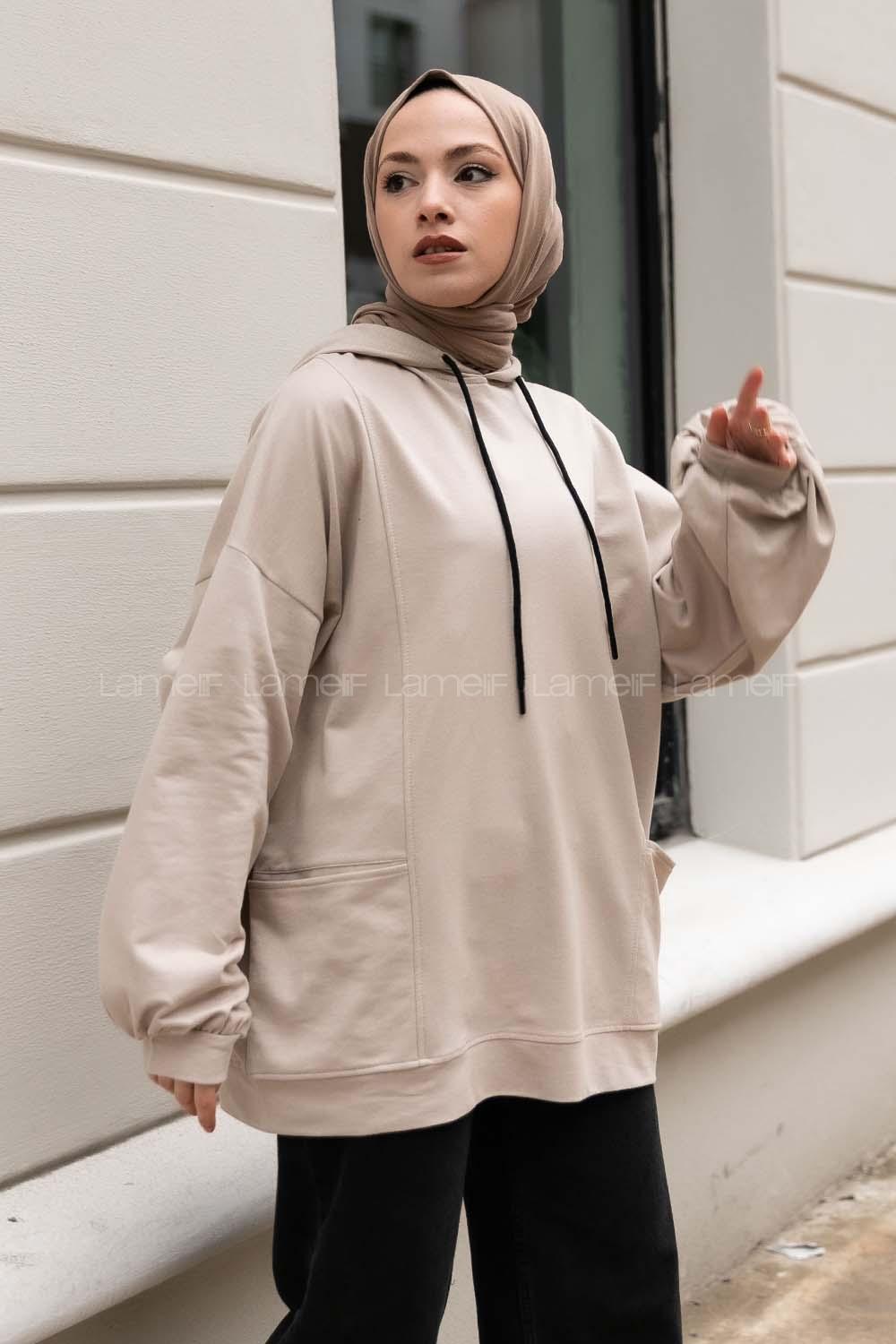 Modalamelif Kapüşonlu Salaş Çift Cepli Sweat Bej