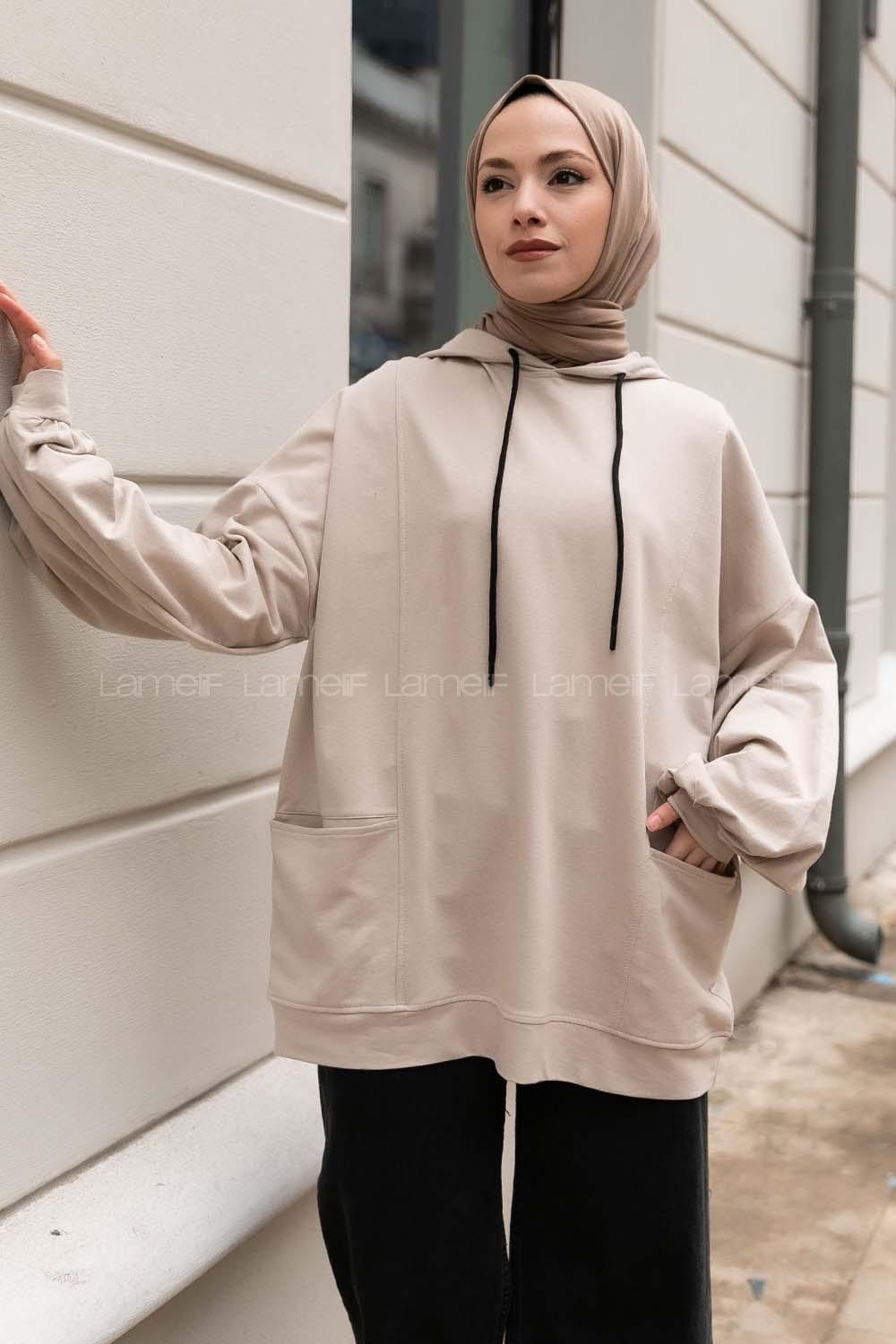 Modalamelif Kapüşonlu Salaş Çift Cepli Sweat Bej