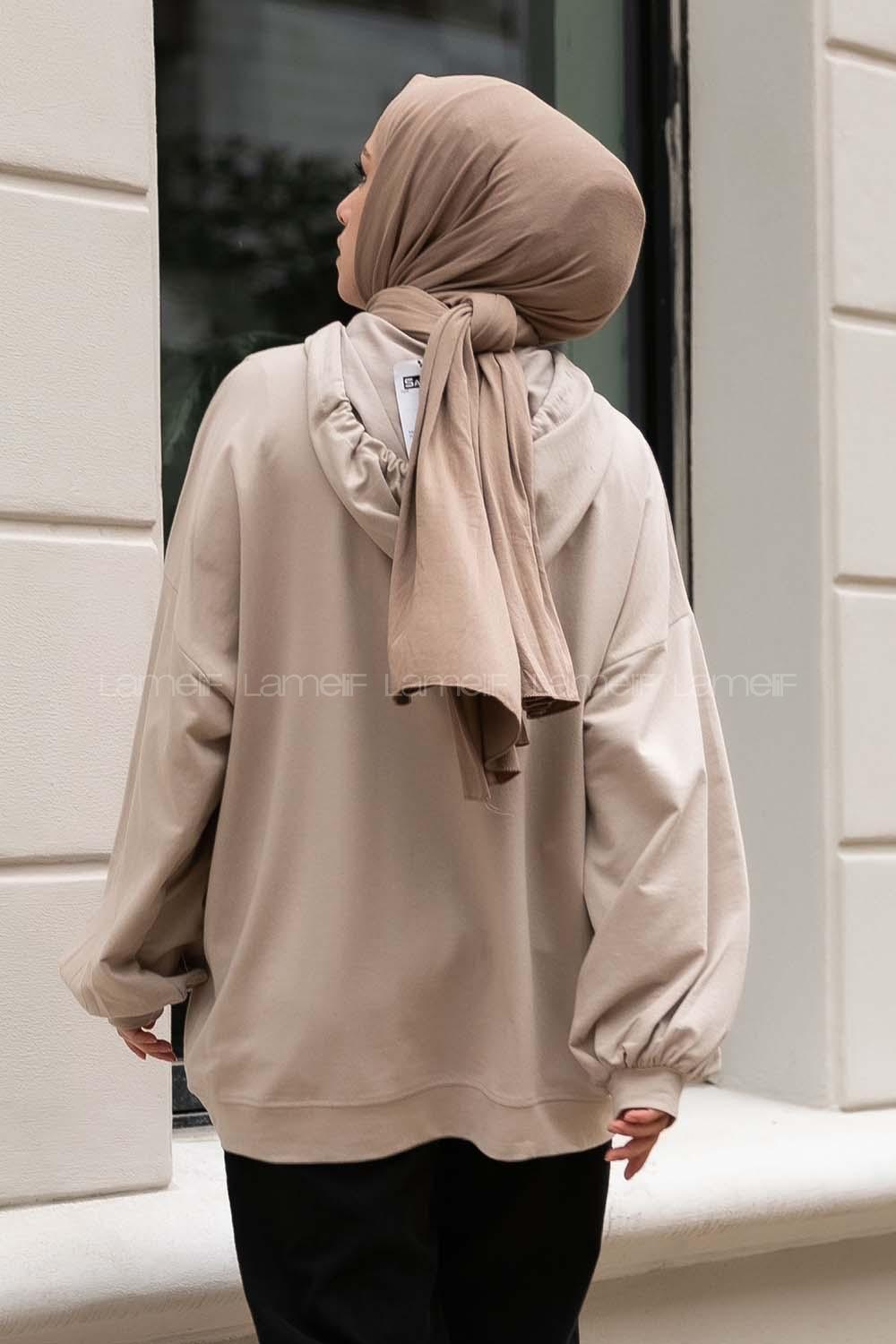 Modalamelif Kapüşonlu Salaş Çift Cepli Sweat Bej