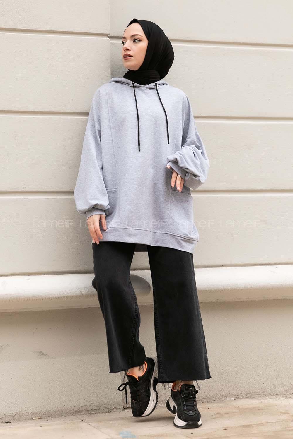 Modalamelif Kapüşonlu Salaş Çift Cepli Sweat Gri