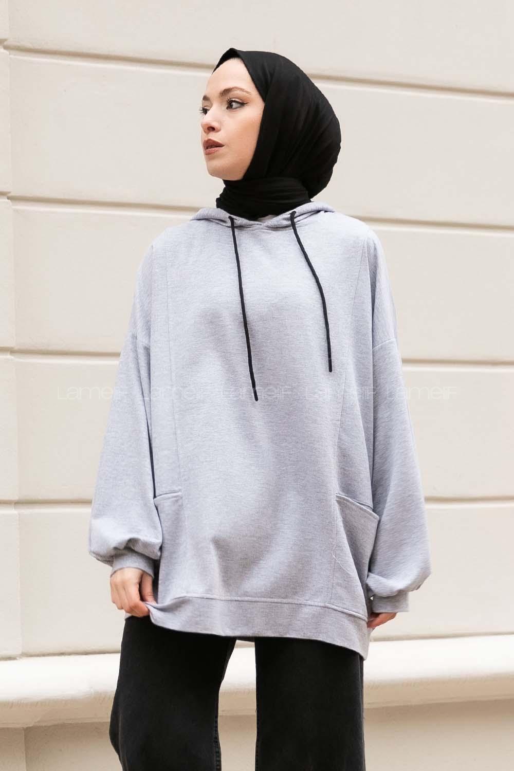 Modalamelif Kapüşonlu Salaş Çift Cepli Sweat Gri