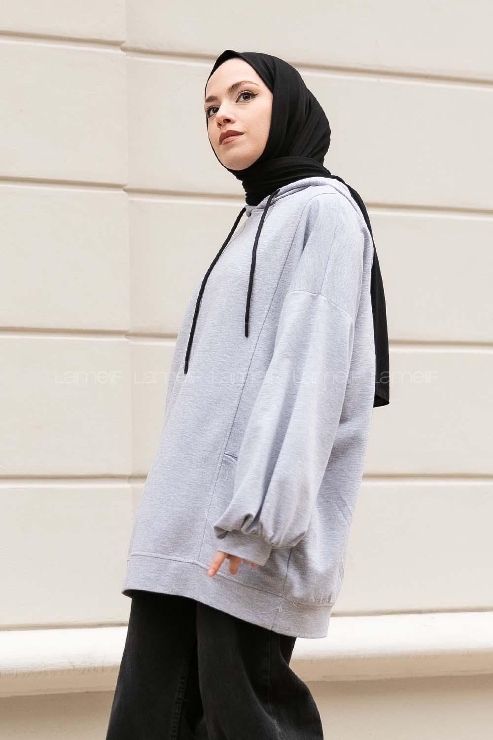 Modalamelif Kapüşonlu Salaş Çift Cepli Sweat Gri