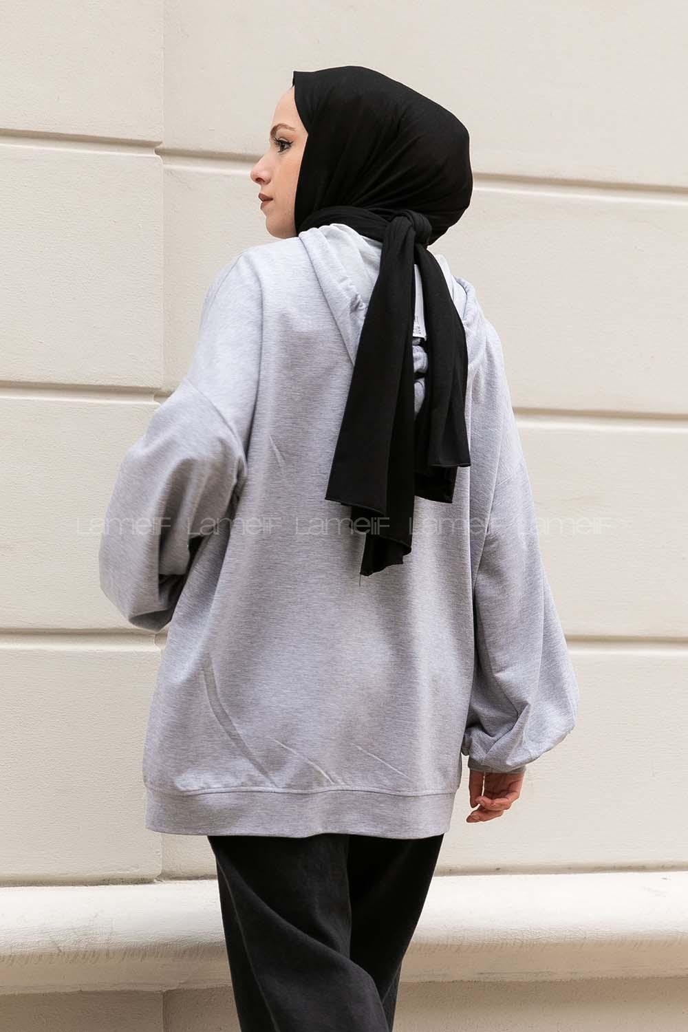 Modalamelif Kapüşonlu Salaş Çift Cepli Sweat Gri