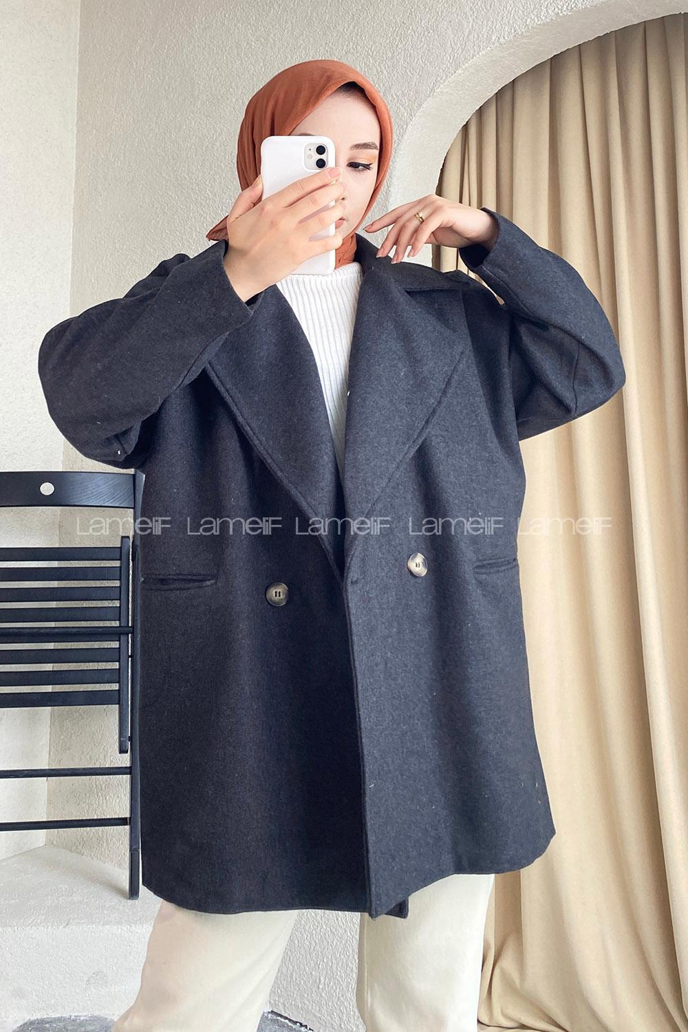 Modalamelif Oversize Kaşe Kaban Füme