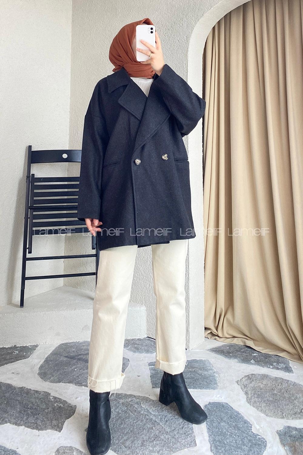 Modalamelif Oversize Kaşe Kaban Füme