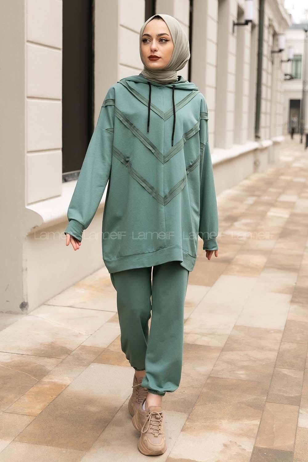 Modalamelif Pis Dikişli Kapüşonlu İkili Takım Çağla Yeşili