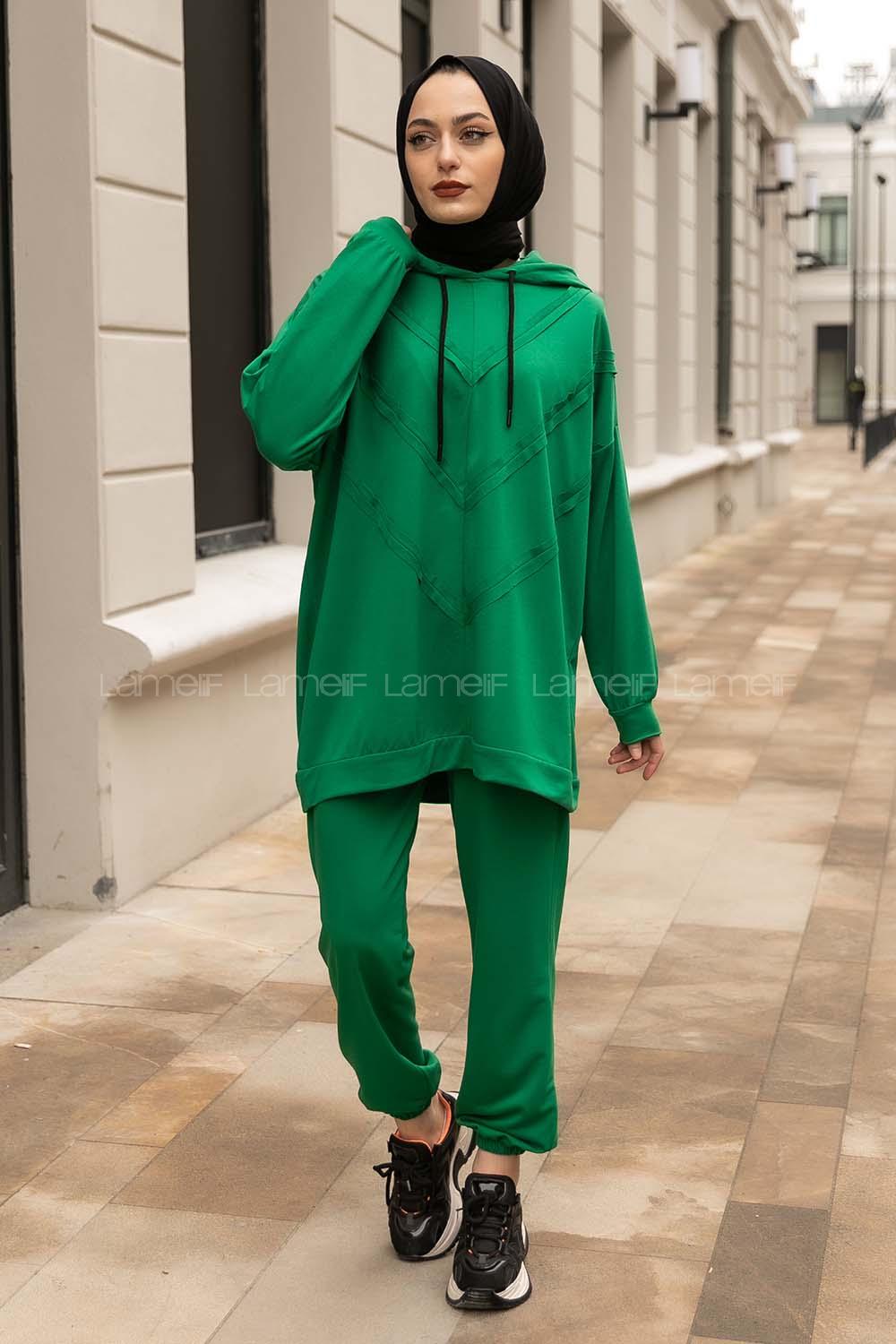 Modalamelif Pis Dikişli Kapüşonlu İkili Takım Yeşil