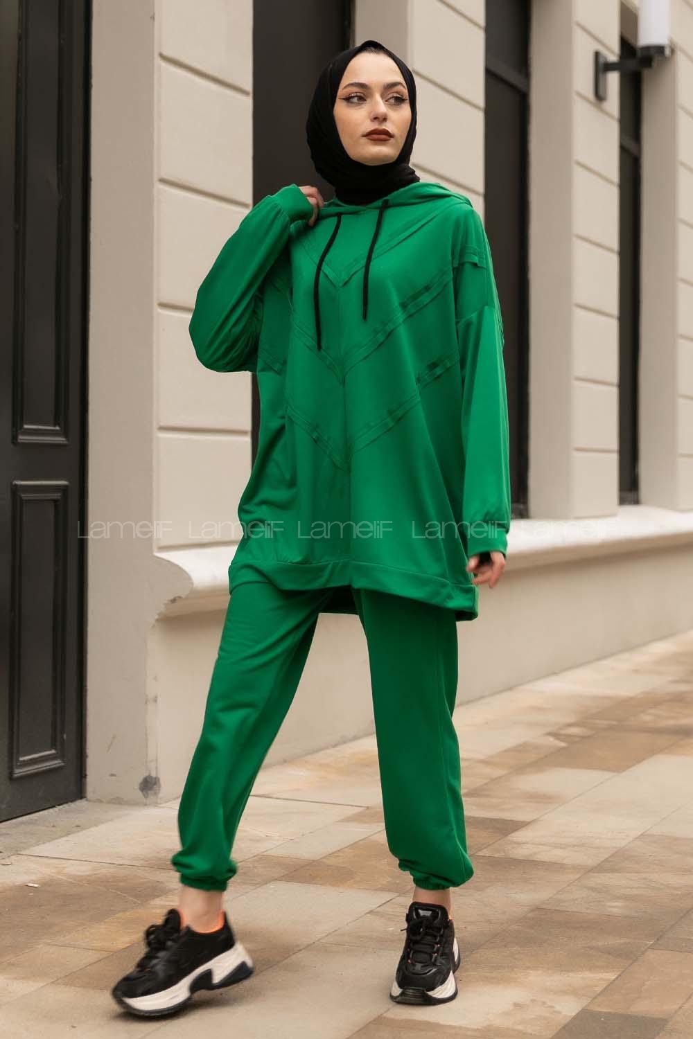 Modalamelif Pis Dikişli Kapüşonlu İkili Takım Yeşil
