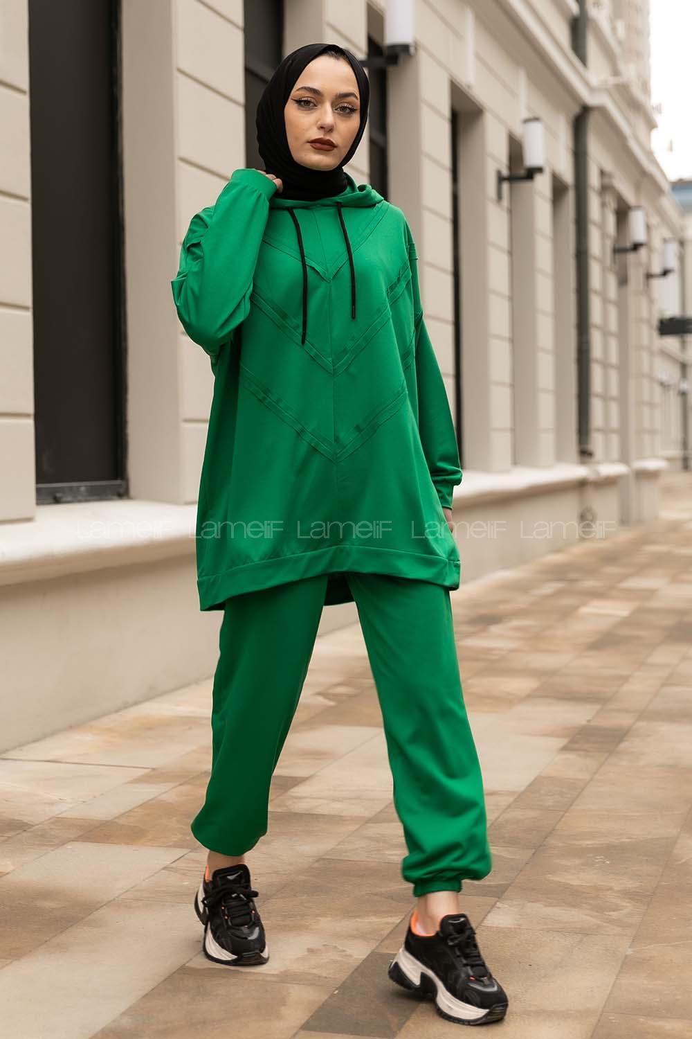 Modalamelif Pis Dikişli Kapüşonlu İkili Takım Yeşil