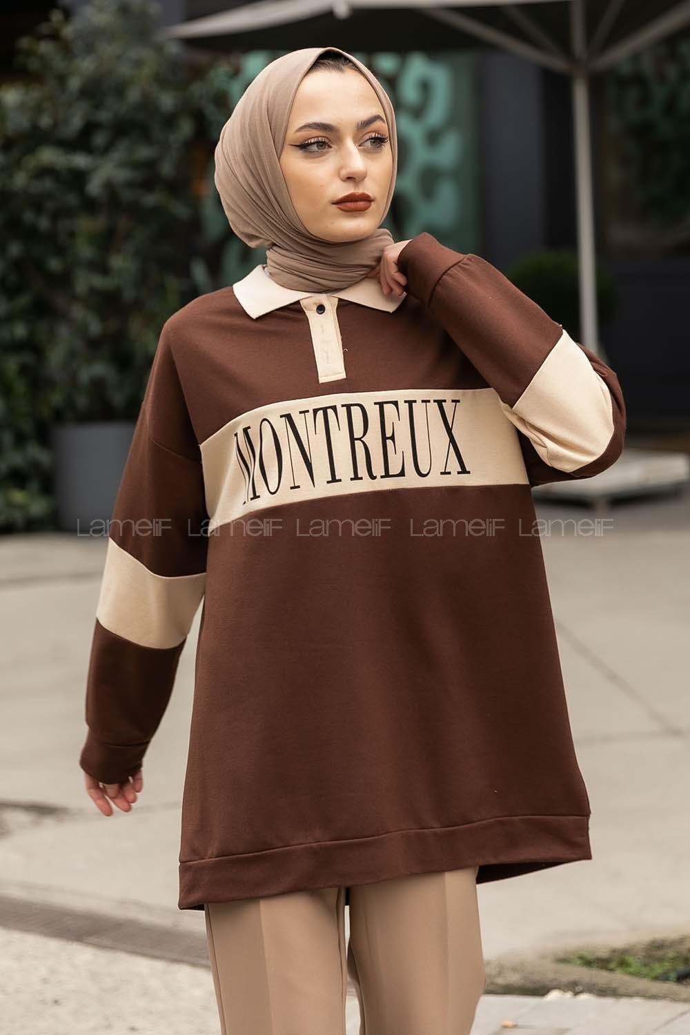 Modalamelif Polo Yaka Garnili Baskılı Sweat Acıkahve