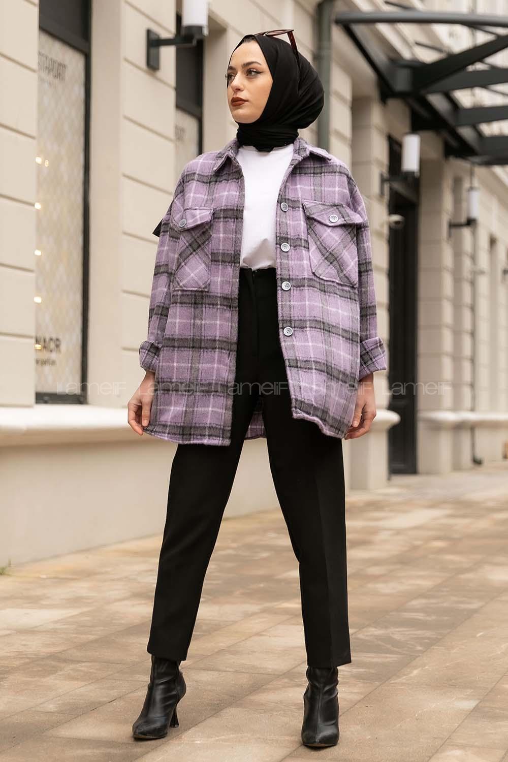 Modalamelif Çift Kapak Cepli Ekoseli Gömlek Mor