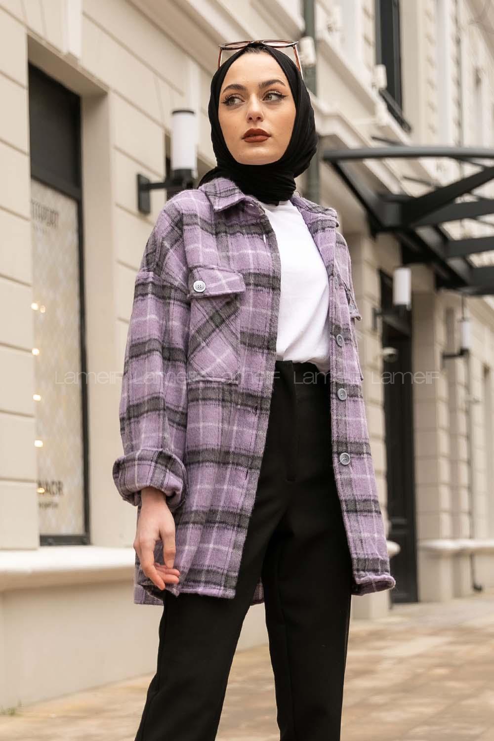 Modalamelif Çift Kapak Cepli Ekoseli Gömlek Mor