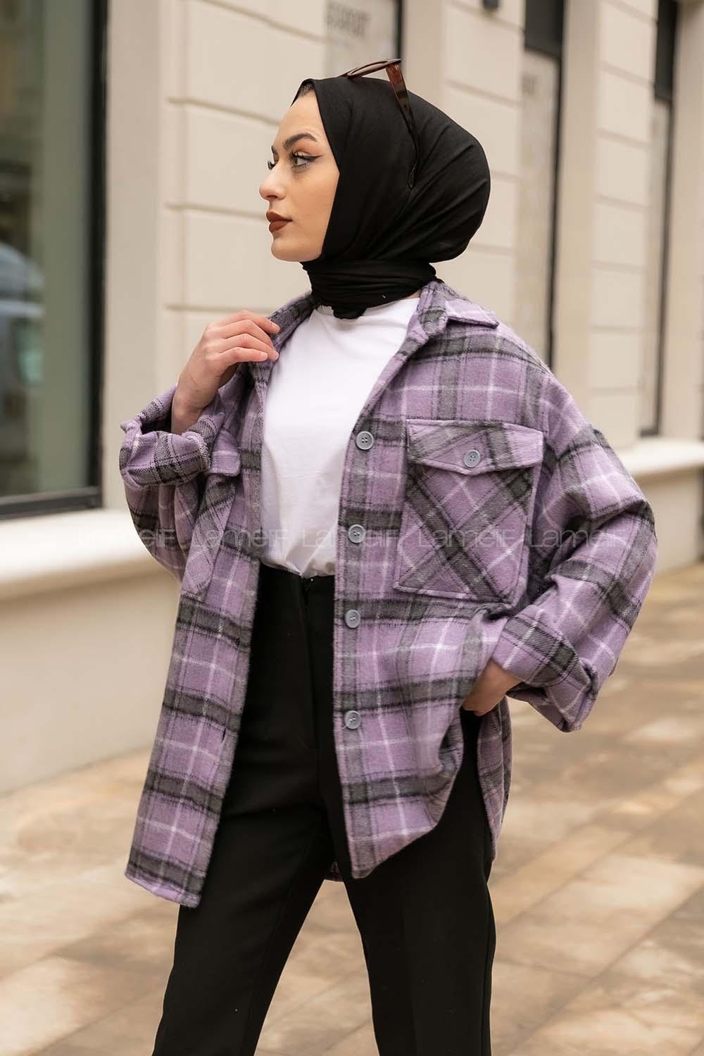 Modalamelif Çift Kapak Cepli Ekoseli Gömlek Mor