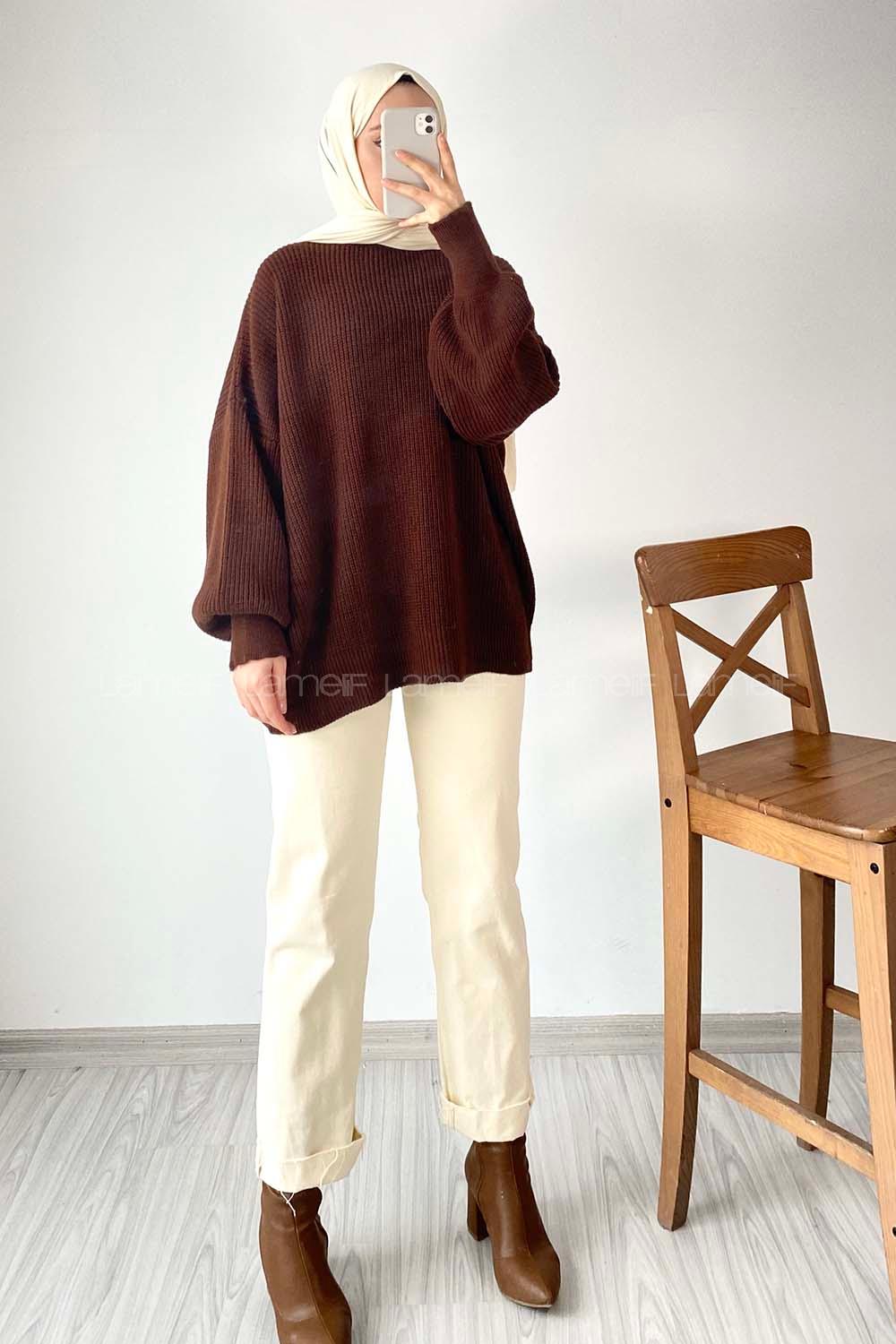 Modalamelif Balon Kol Düz Basic Kazak Acı Kahve