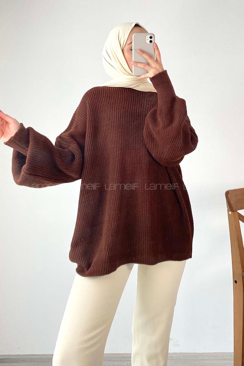 Modalamelif Balon Kol Düz Basic Kazak Acı Kahve