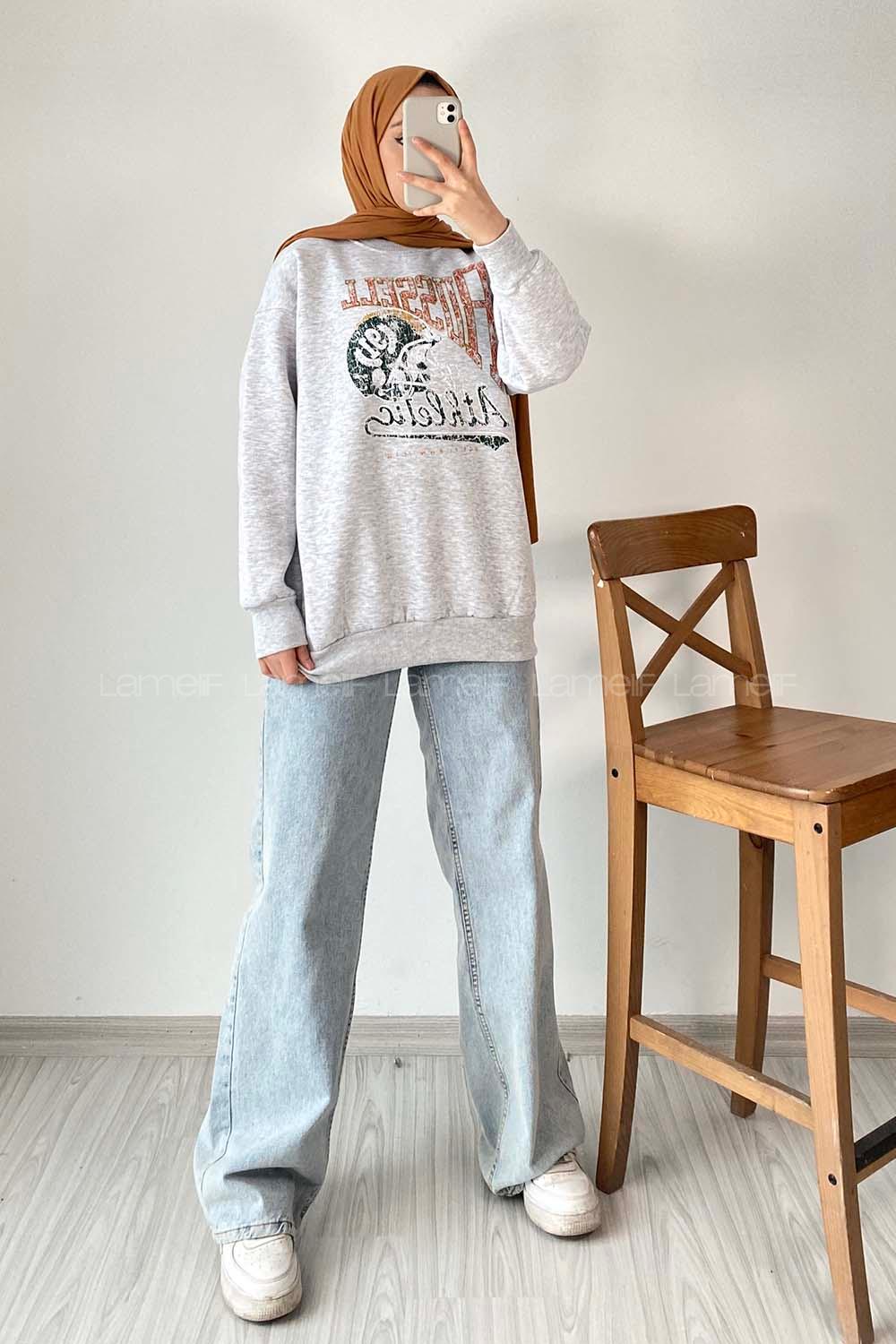 Modalamelif Bisiklet Yaka Yazı Baskılı Sweat Gri