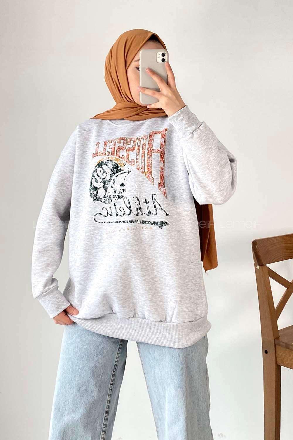 Modalamelif Bisiklet Yaka Yazı Baskılı Sweat Gri