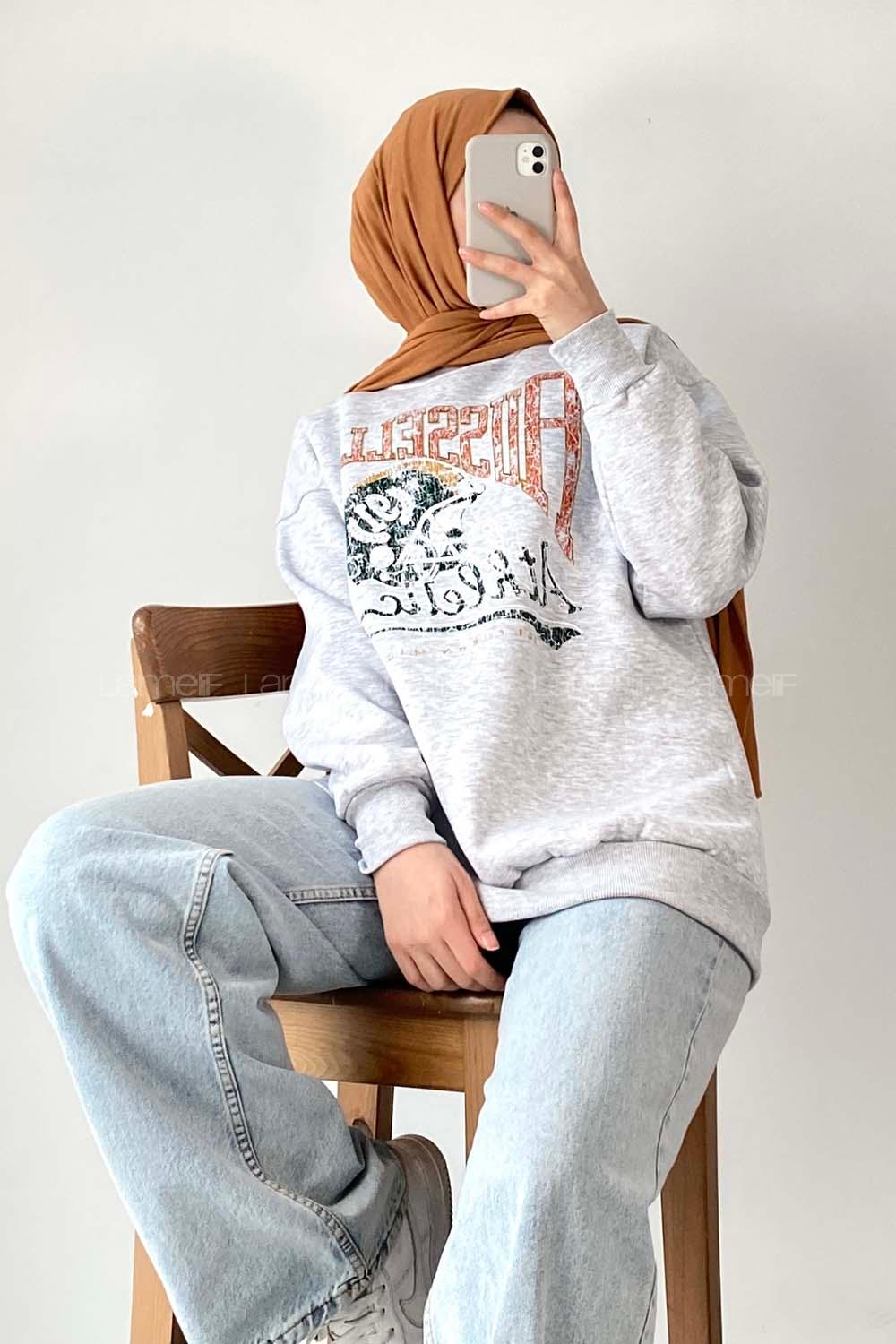 Modalamelif Bisiklet Yaka Yazı Baskılı Sweat Gri