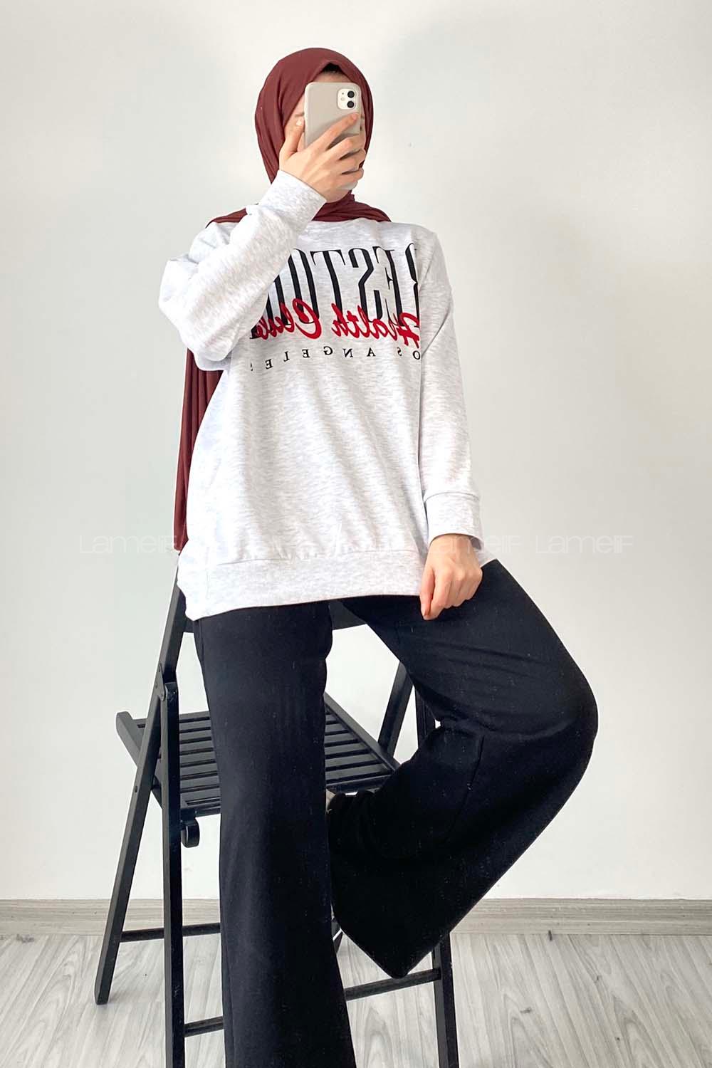 Modalamelif Bisiklet Yaka Yazı Baskılı Sweat Gri