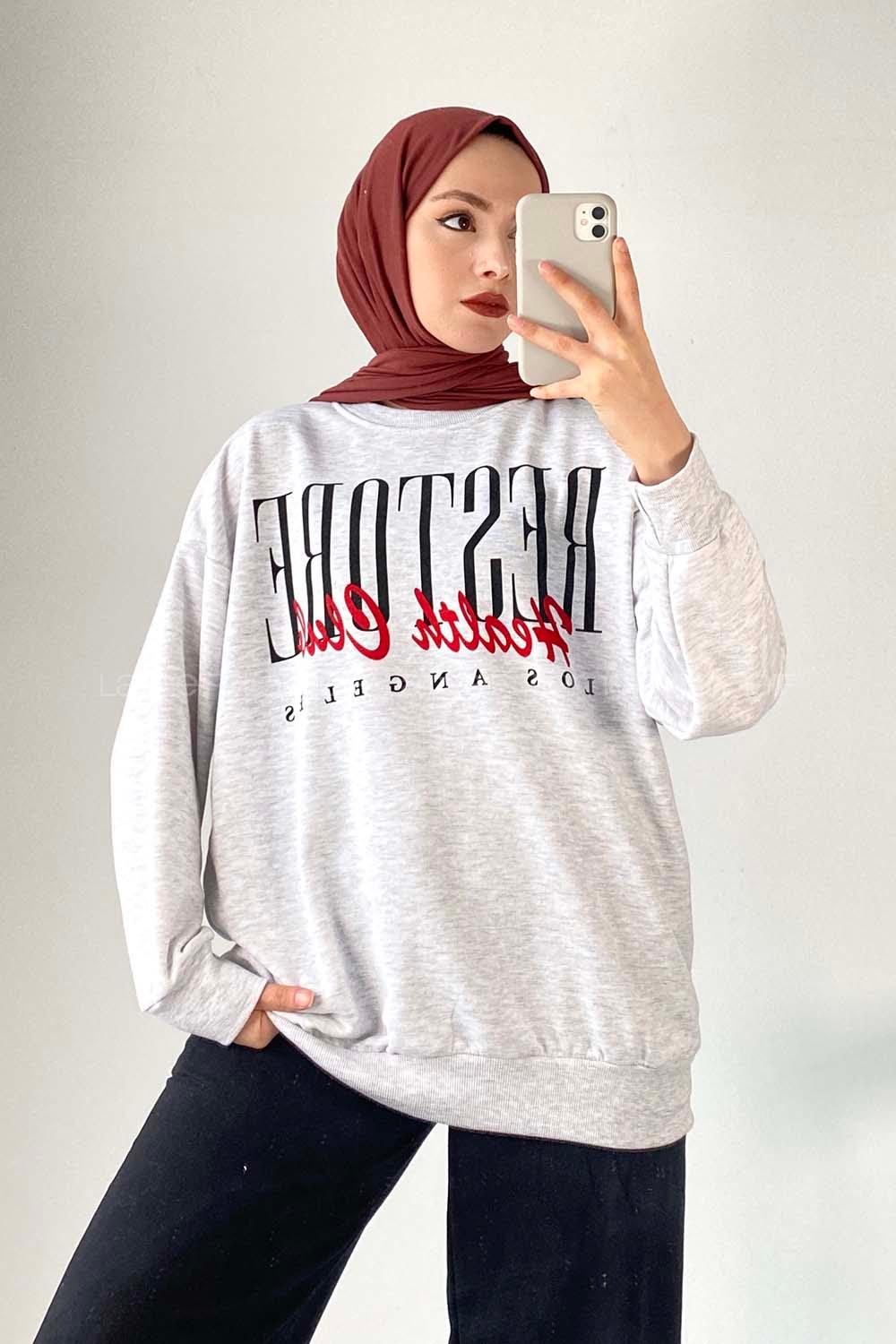 Modalamelif Bisiklet Yaka Yazı Baskılı Sweat Gri