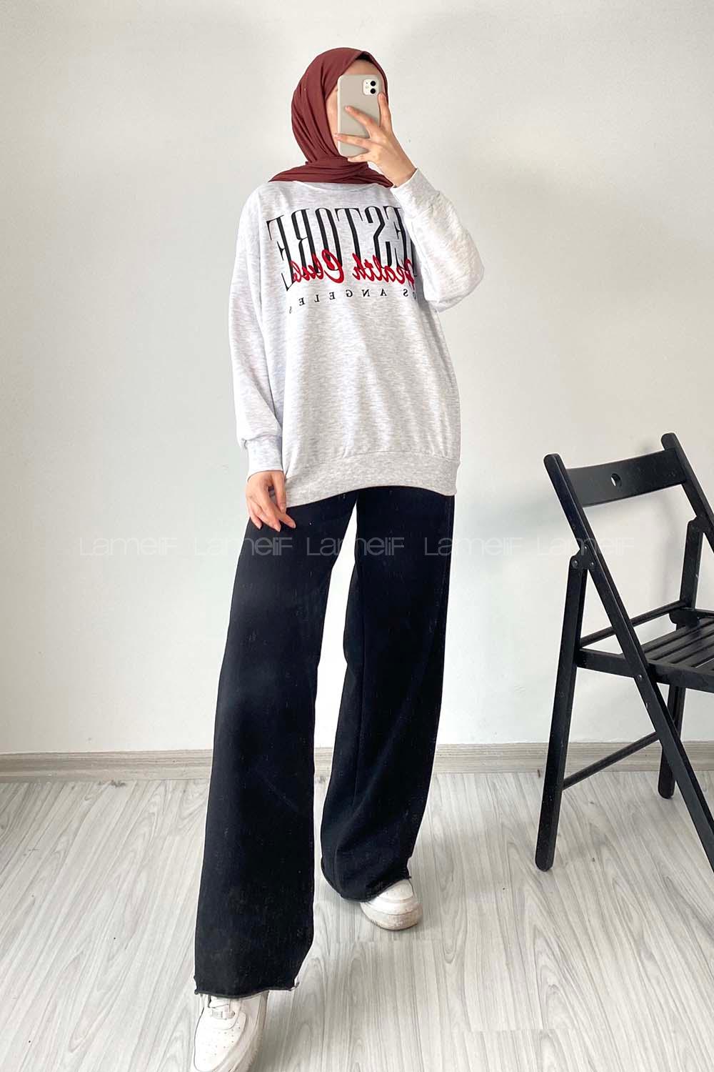 Modalamelif Bisiklet Yaka Yazı Baskılı Sweat Gri