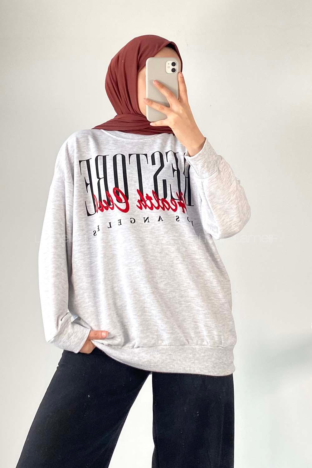 Modalamelif Bisiklet Yaka Yazı Baskılı Sweat Gri