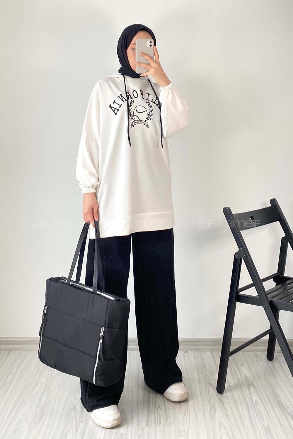 Modalamelif California Nakışlı Kapüşonlu Sweat Beyaz