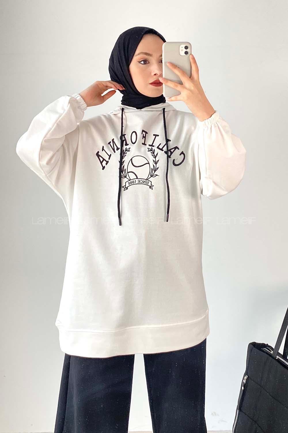 Modalamelif California Nakışlı Kapüşonlu Sweat Beyaz